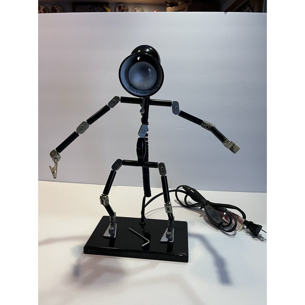 Robot Lamp Posable Steampunk Y2K  Black With Chrome Parts—15"